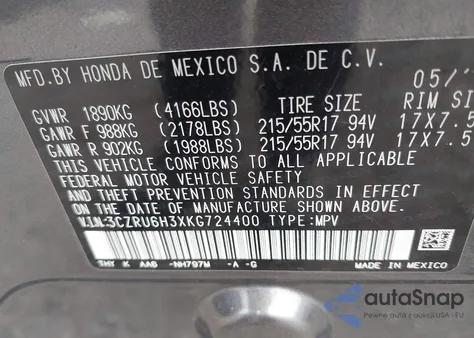 2019 Honda Hr-V Lx z USA, uszkodzony, nr VIN 3CZRU6H3XKG724400